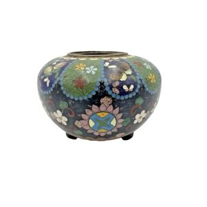 Antique Cloisonne Meiji Period Butterfly Censer Incense Burner Pot Tri-Footed